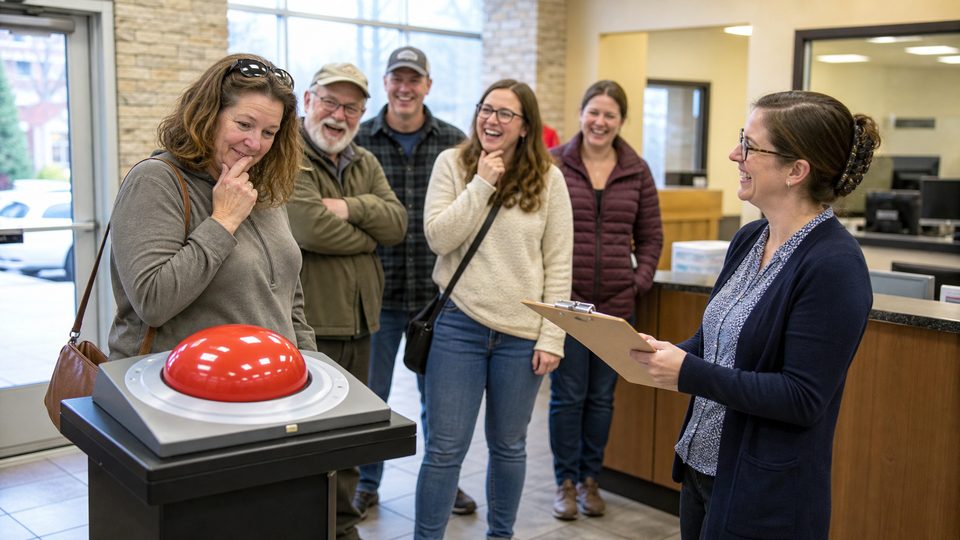 Residents laughing near a large official-looking button in a town office