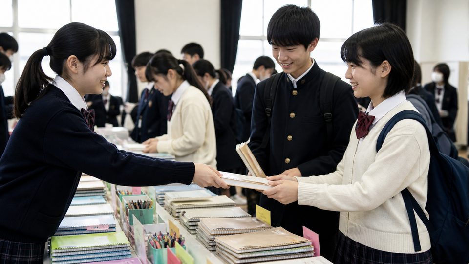 Students trading old notebooks and study supplies at a school fair table
