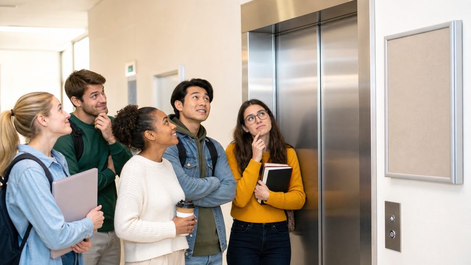People waiting near an elevator with amused nervous expressions