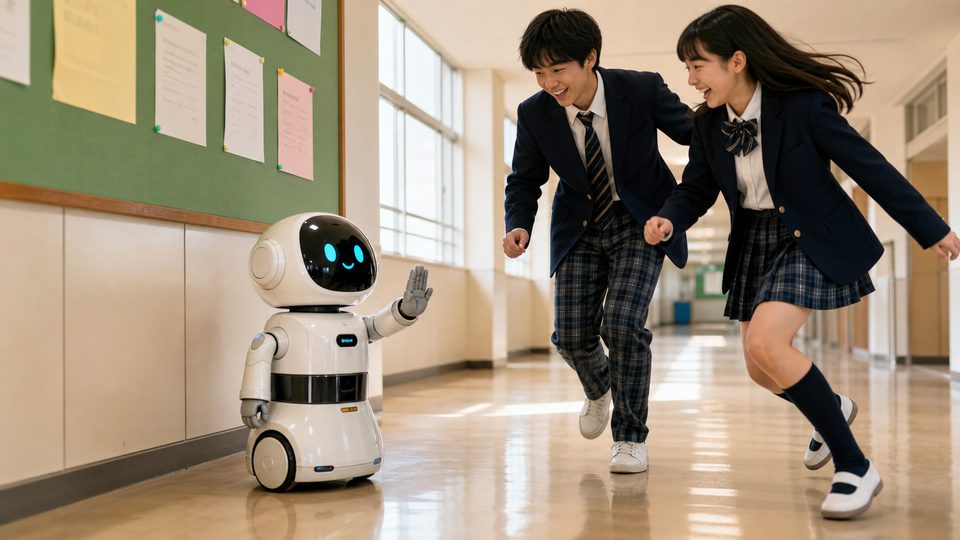 A small friendly robot stopping students from running in a bright school hallway