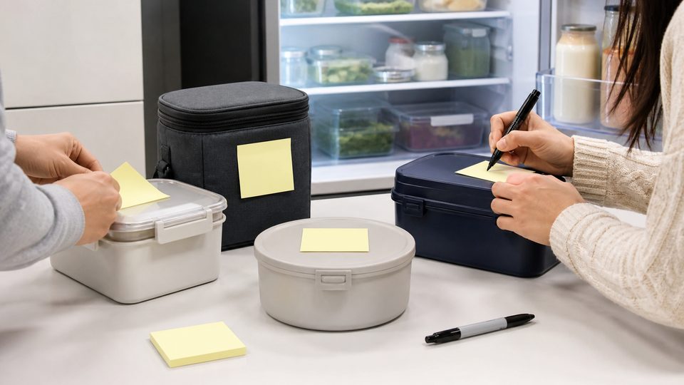 People labeling plain lunch boxes near a clean refrigerator