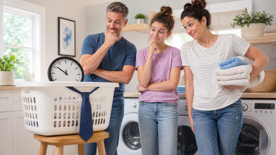 A family looking amused at a laundry basket with a clock in a bright laundry room