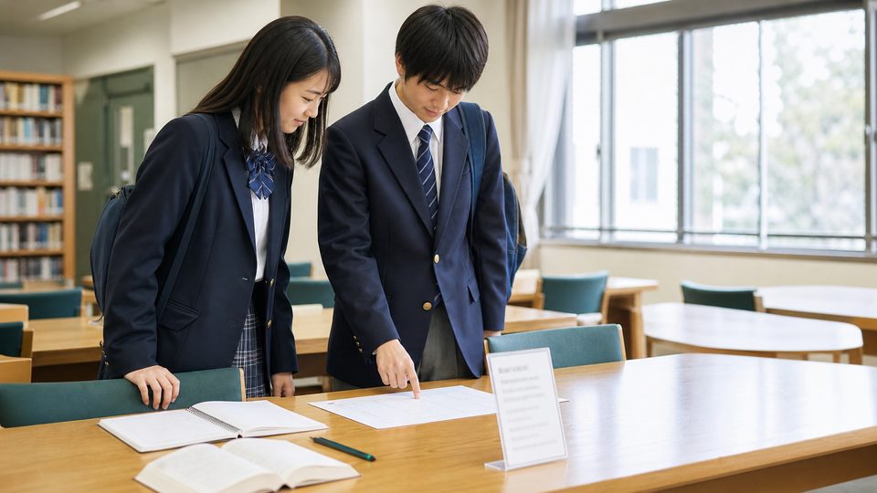 Students checking a reservation sheet in a quiet school study room