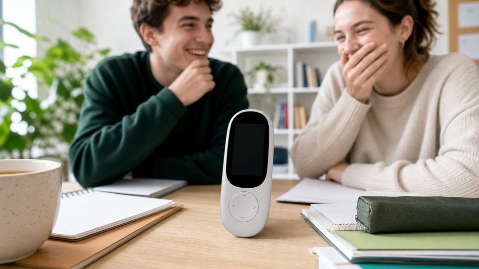A small translation device on a bright desk with students laughing behind it