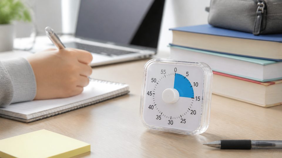 A clear desk timer on a clean study desk with books and a notebook