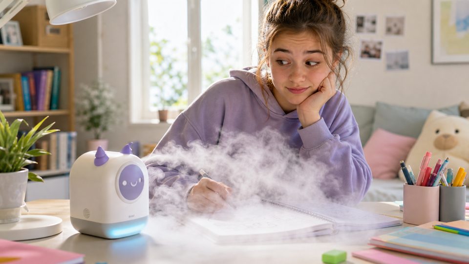 A student using a tiny harmless fog machine while studying at a desk