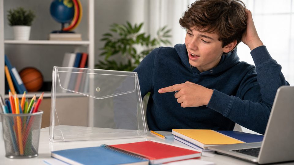 A confused student pointing at a clear homework folder on a bright desk