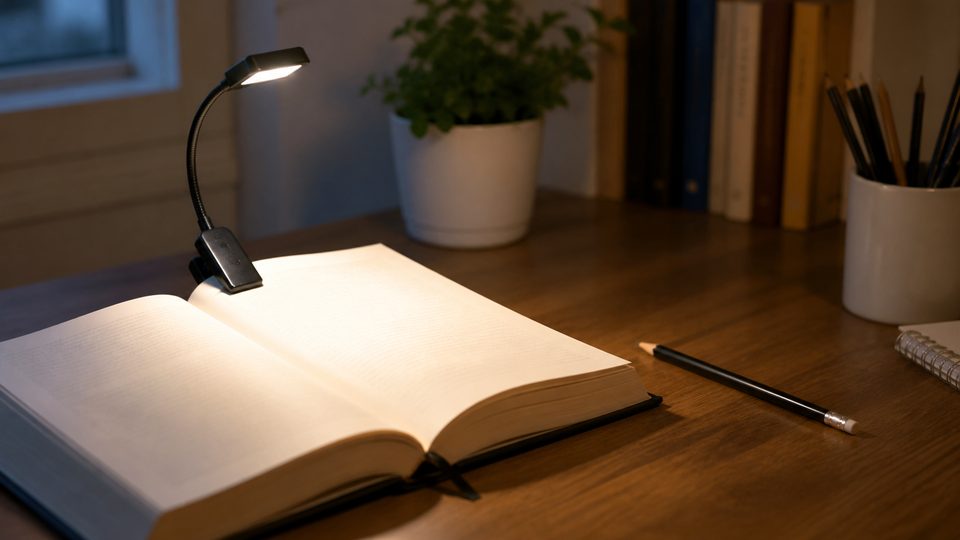A small clip-on book light illuminating an open book on a study desk