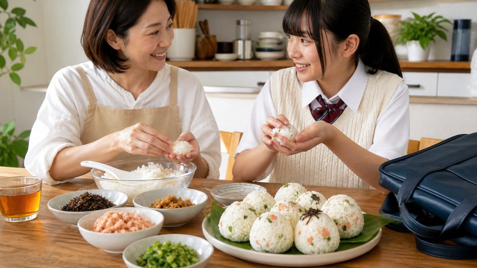 A parent and student making rice balls at a kitchen table after school