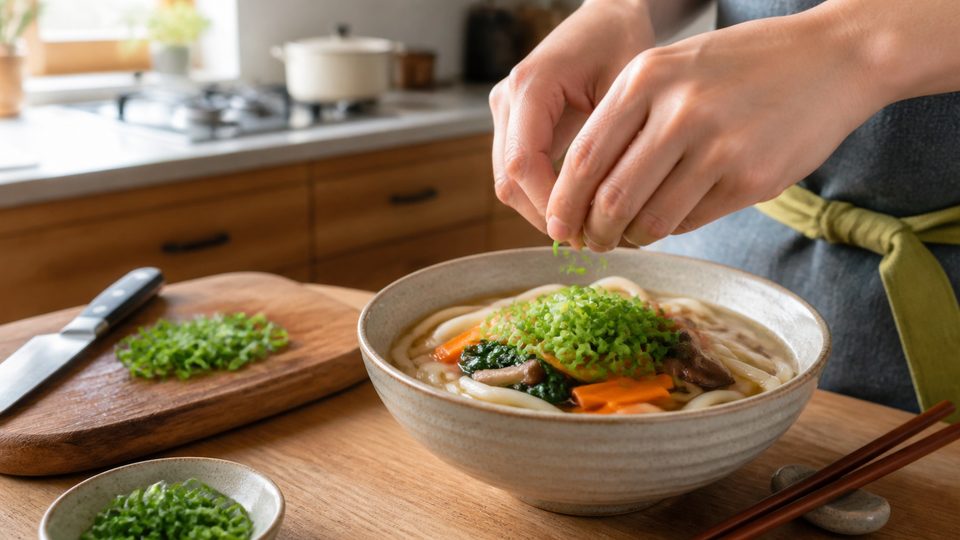 Hands adding green onions to a warm bowl of vegetable udon