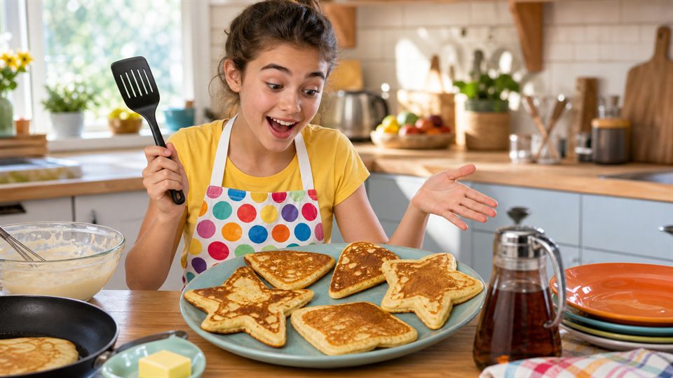 Oddly shaped pancakes on a kitchen table