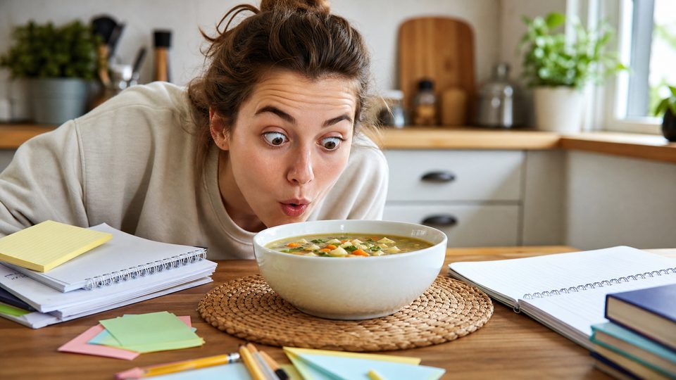 A surprised student looking closely at a bowl of soup beside study notes