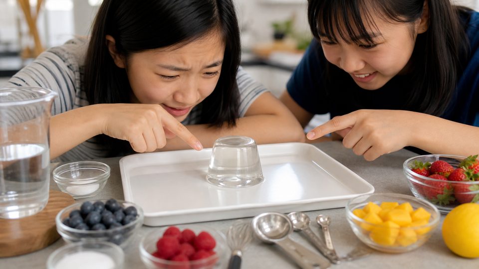 Two people trying to find a nearly transparent jelly dessert on a tray