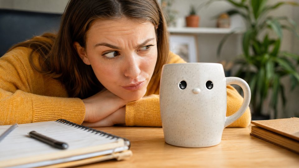 A reviewer looking suspiciously at a cute ceramic mug on a desk