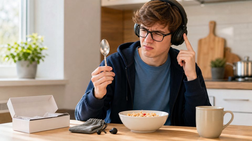 A student wearing headphones and testing a shiny spoon at breakfast