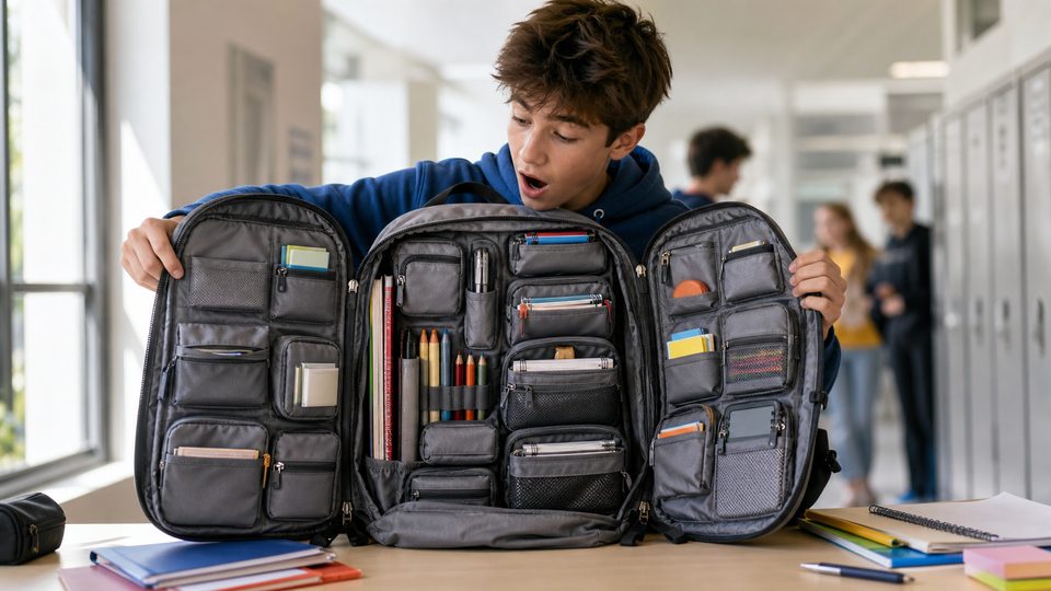 A student opening a backpack with many pockets and compartments