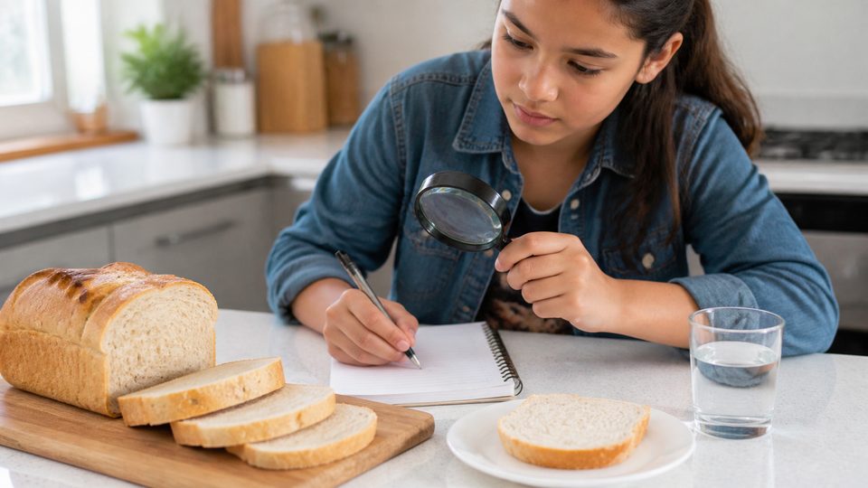 A student observing slices of bread on a kitchen counter for a simple science note