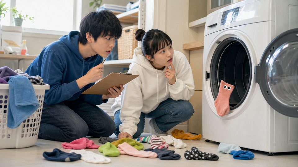Two students investigating colorful missing socks near a washing machine