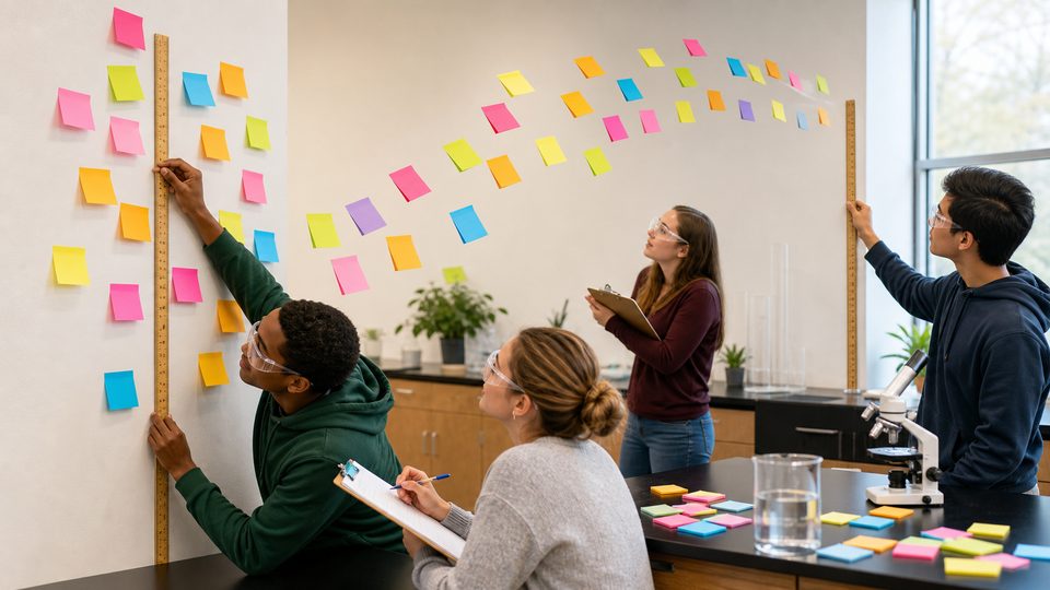 Students measuring colorful sticky notes that seem to move across a wall