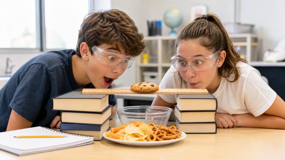 Two students doing a safe snack gravity test on a classroom table