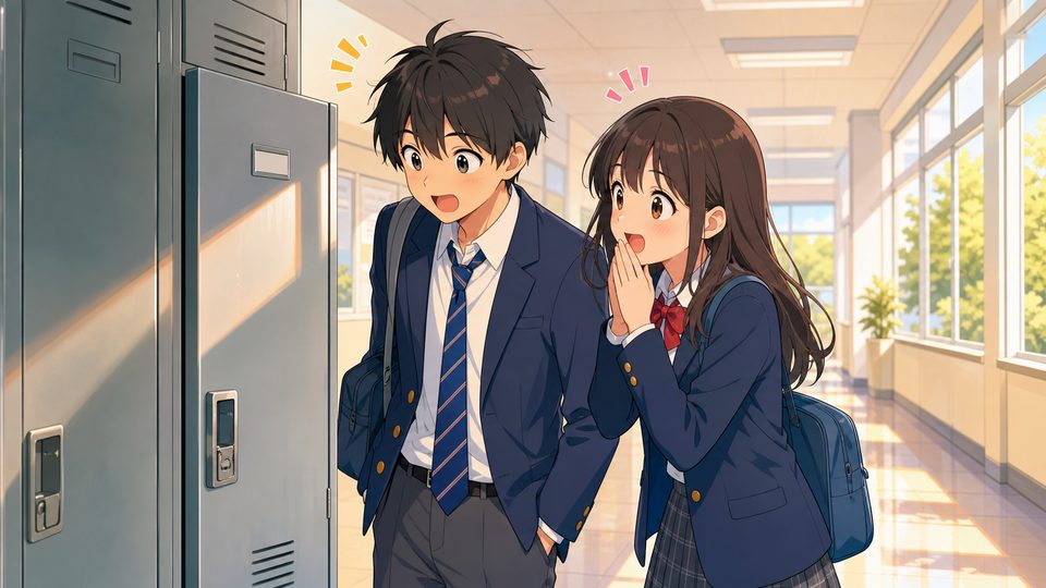 Two students surprised by a locker in a sunny school hallway