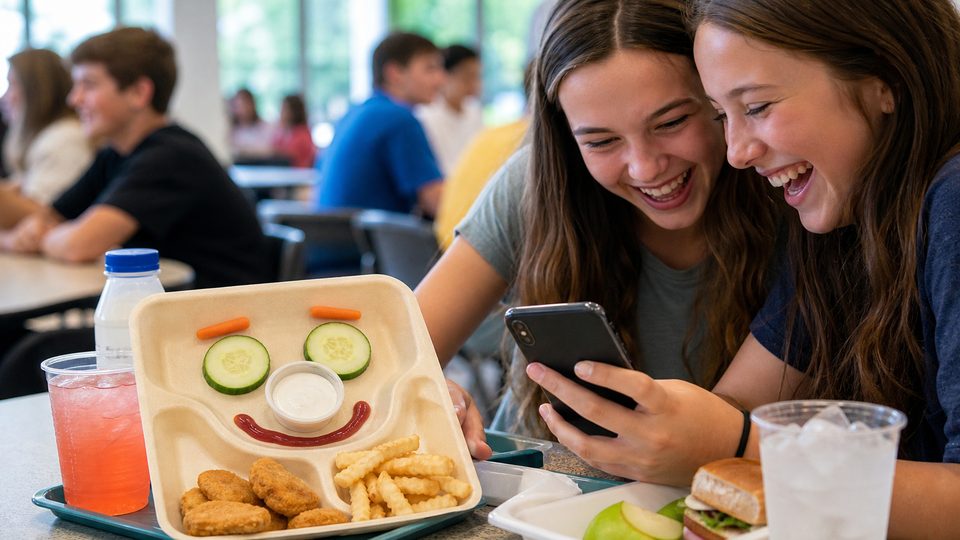 Students laughing at a cafeteria tray and a smartphone during lunch