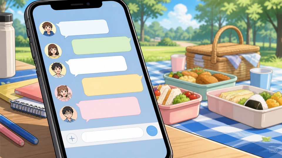 Anime-style smartphone group chat about a class picnic with lunch boxes in the background