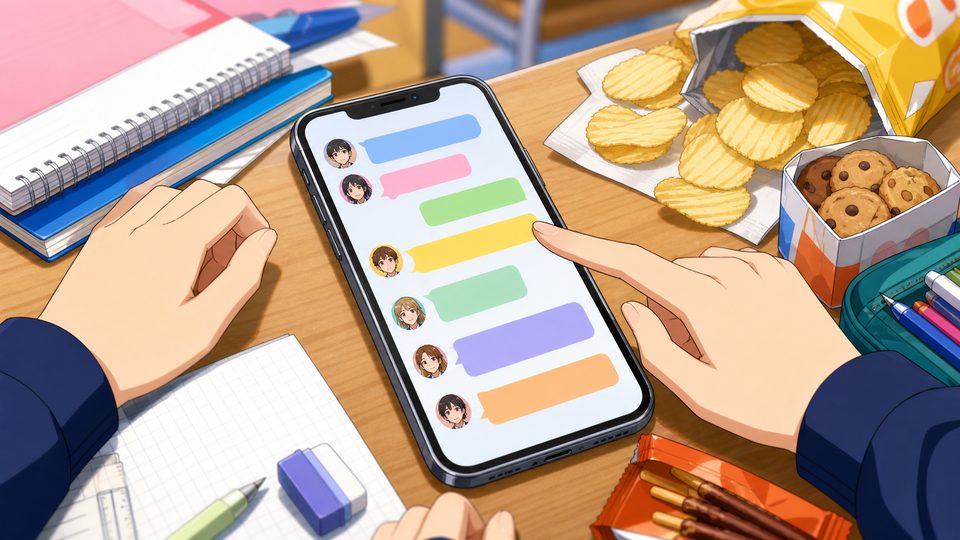 Anime-style smartphone class chat about snacks on a desk