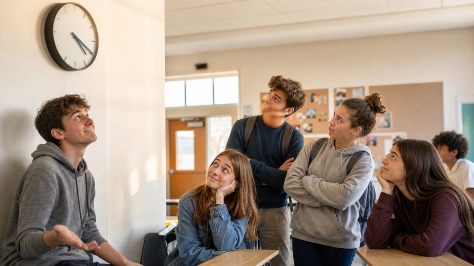 Students looking at a classroom clock as if it has a social media account