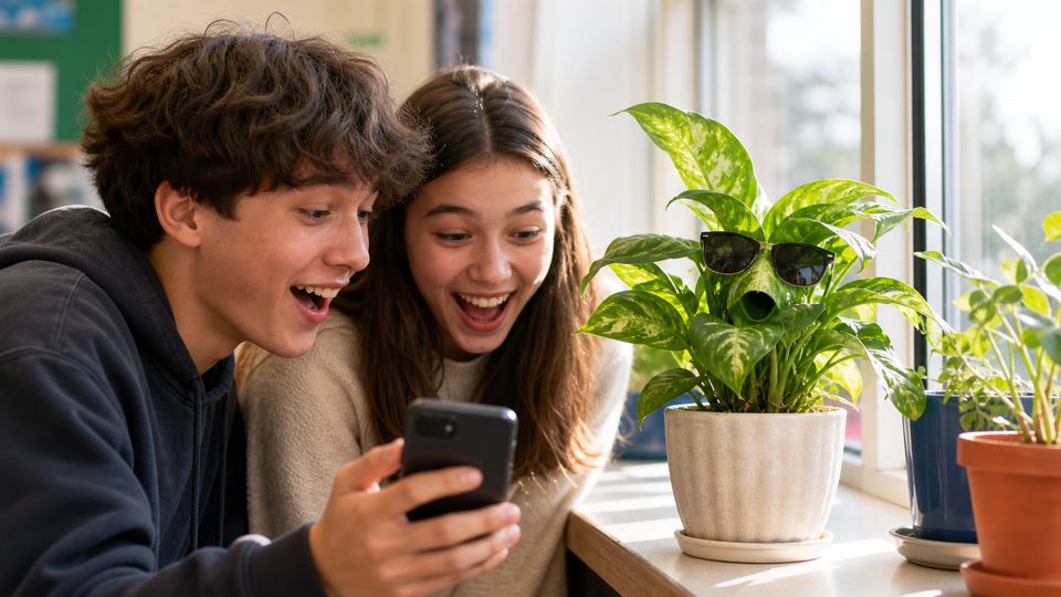 Two students laughing beside a classroom plant and a smartphone