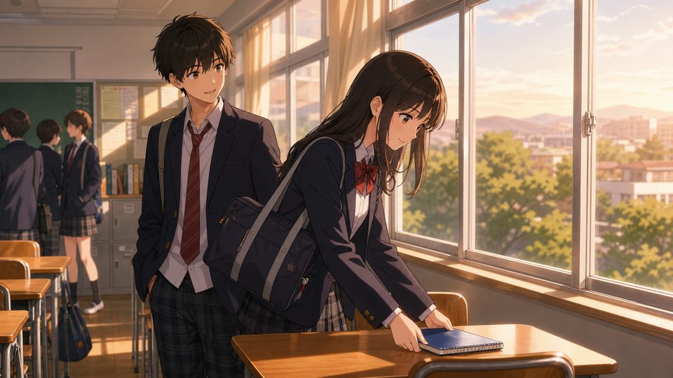 Anime students near the last empty window seat in a classroom after school