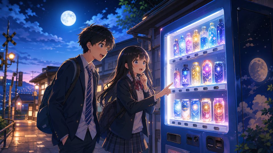 Anime students finding a glowing vending machine under moonlight
