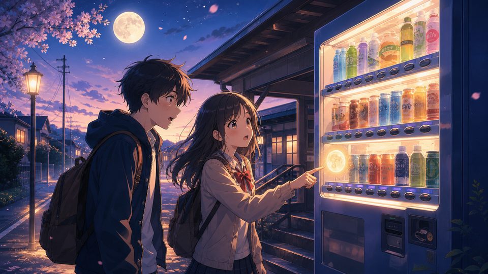 Two students looking at a glowing vending machine under moonlight