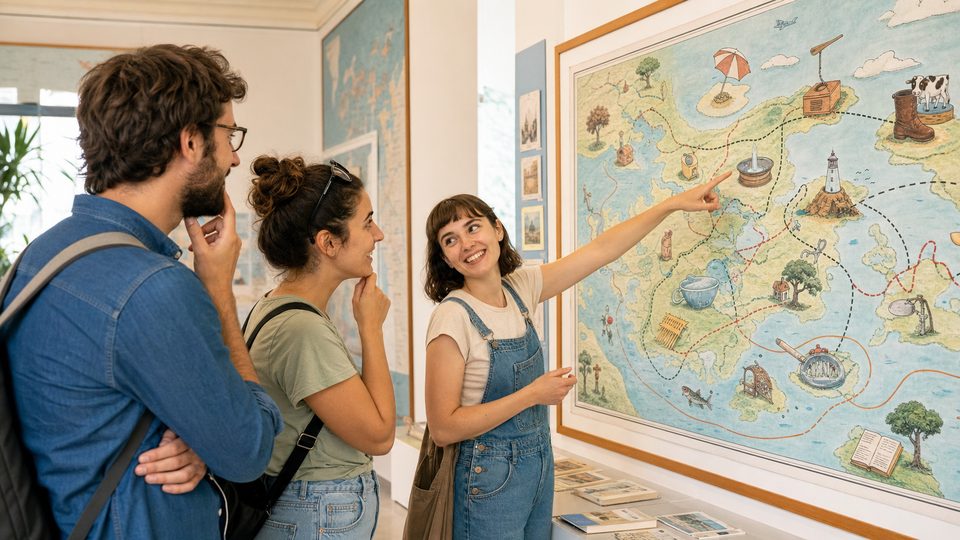 Visitors looking at a strange illustrated map in a bright museum