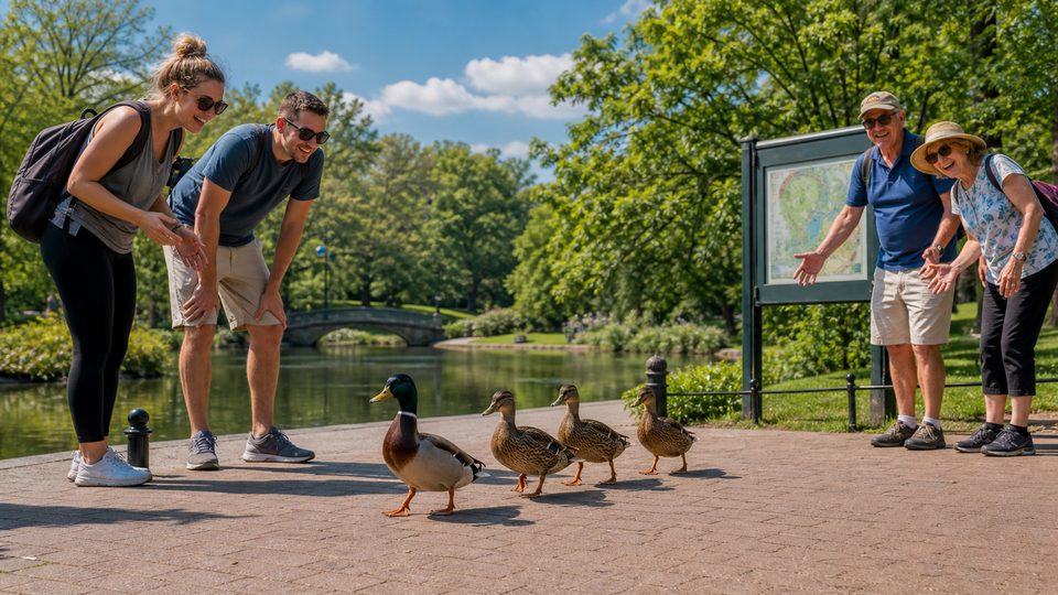 Tourists smiling as confident ducks walk across a sunny park path