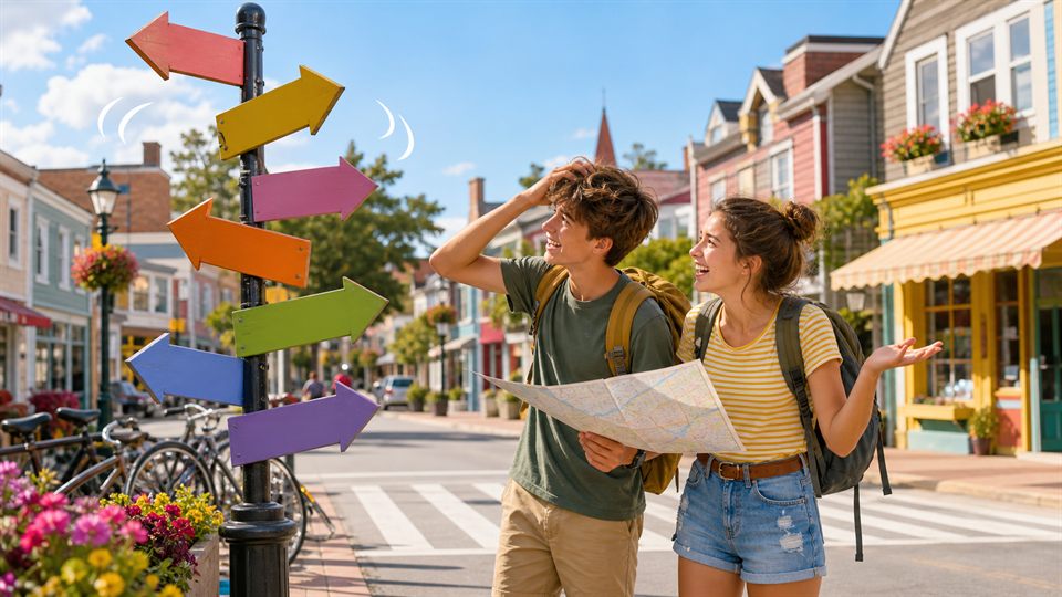 Travelers looking at colorful signs that point in different directions