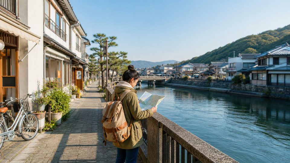 A traveler reading a map beside a river in a quiet Japanese town