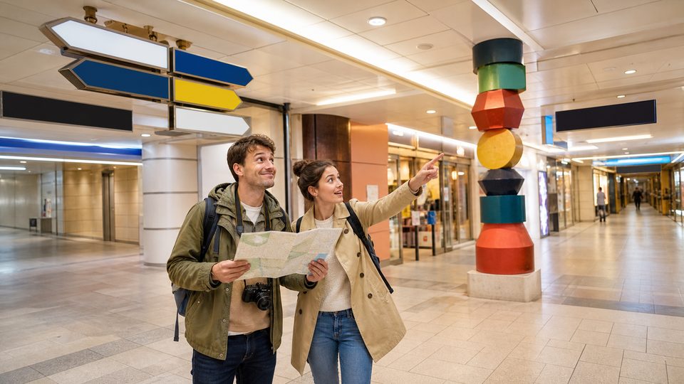 Travelers looking at a map in an underground shopping street with many exits