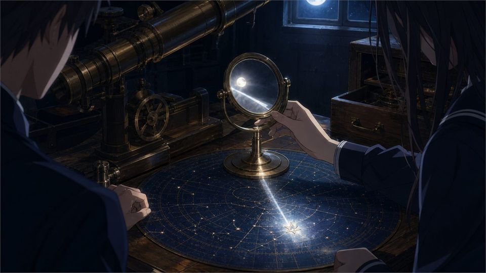 Moonlight crosses the celestial map through a brass mirror