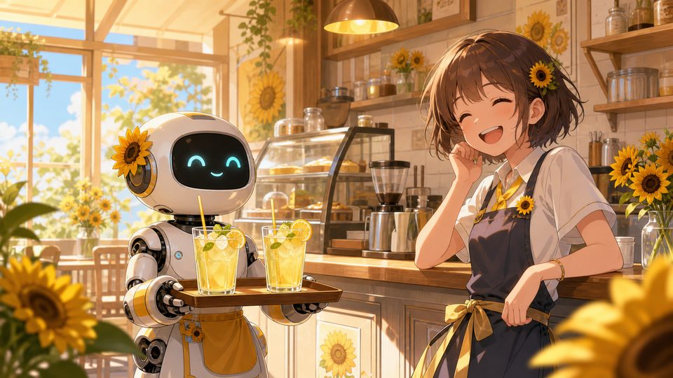 The Robot at the Sunflower Cafe illustration